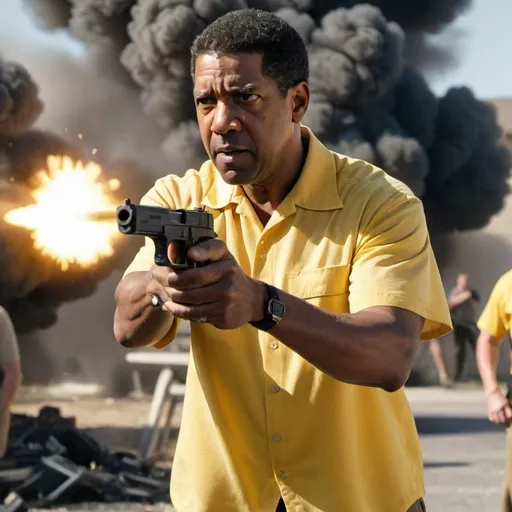 Prompt: Denzel Washington wearing a yellow short sleeve shirt shooting his gun while 900 explosions happen