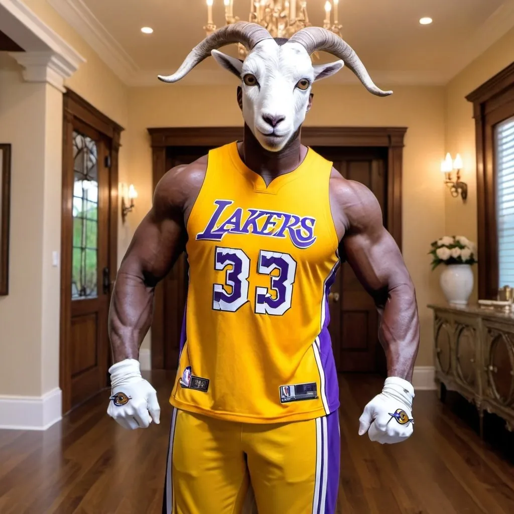 Prompt: Shannon Sharpe wearing a Lakers Jersey and A Goat Mask in his mansion flexing