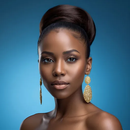 Prompt: Create an ultra-realistic 4K portrait of a very dark-skinned, elegant Black woman, similar to the one in the provided image. She should be adorned with minimal gold jewelry, such as statement earrings. The blue background should be a seamless, soft blue gradient. The woman should be facing the camera with a poised and confident expression, highlighting her natural beauty and sophistication. The lighting should be soft and diffused to emphasize her features and the shine of her jewelry.