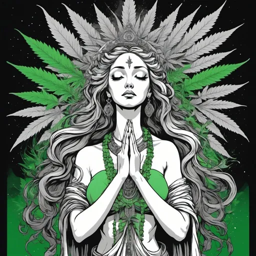 Prompt: goddess deity with marijuana veil, praying while eyes open. Marijuana side designs green background.