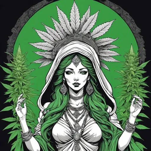 Prompt: goddess deity with hood outfit. Marijuana side designs green background.