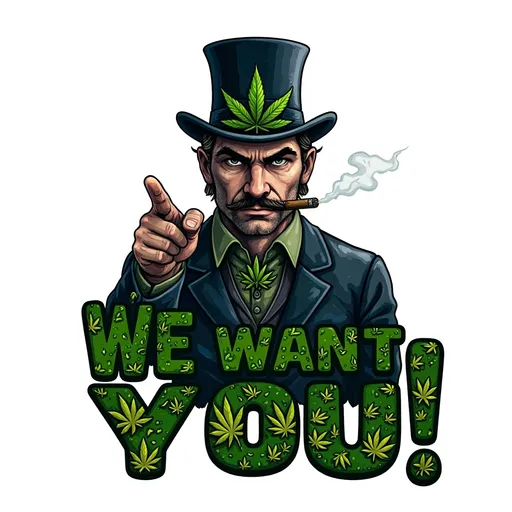 Prompt: A stern figure in a tall, iconic top hat adorned with a cannabis leaf, reminiscent of a 420 theme, points directly at the viewer with an assertive expression, conveying a sense of urgency and invitation.  he is smoking A big cigar. Clad in a formal suit with a green shirt With A cannabis leaf on, he embodies a traditional depiction of cannabis culture, exuding authority and determination. The background is stark white, which emphasizes the bold text that reads "WE WANT YOU!" in a striking green letters made out of cannabis buds and green font, capturing attention and reinforcing the motivational message. The composition is simplistic yet powerful, creating a lasting impression that calls for action and engagement. Overall, the image serves as a rallying cry, embodying themes of duty and cannabis pride. Pixelart, pixelated, retro pixel art