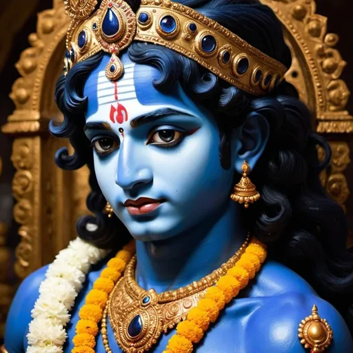 Prompt: skin colour of Lord Krishna black , dark ,dark bluish or “the attractive .” His body complexion is black and somewhere it is shown as blue that refers to supreme cosmic power .