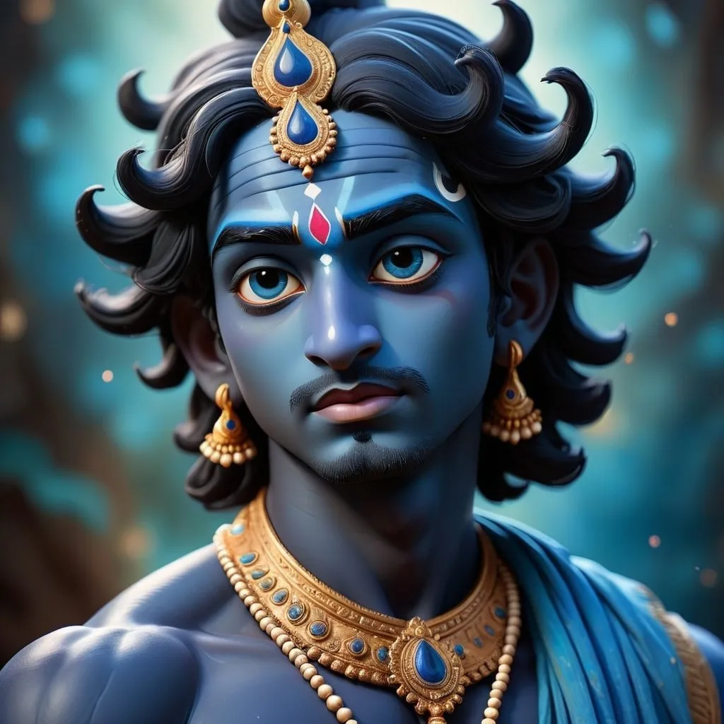 Prompt:  skin colour of Lord Krishna black , dark ,dark bluish or “the attractive .” His body complexion is black and somewhere it is shown as blue that refers to supreme cosmic power, Dreamy pastel portrait, ethereal atmosphere, soft focus