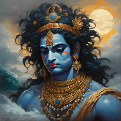 Prompt: Portray Krishna with dark bluish skin in a heroic pose, holding the glowing Sudarshana Chakra in his right hand. The background is a stormy sky, emphasizing his warrior attire and intense expression, portrait in Midjourney <mymodel> style, ...