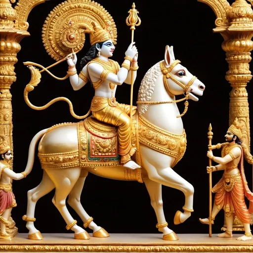Prompt: Show Krishna standing majestically on a golden chariot, leading Arjuna into battle. The chariot is intricately designed, with Krishna holding the reins confidently and a divine glow surrounding him.
