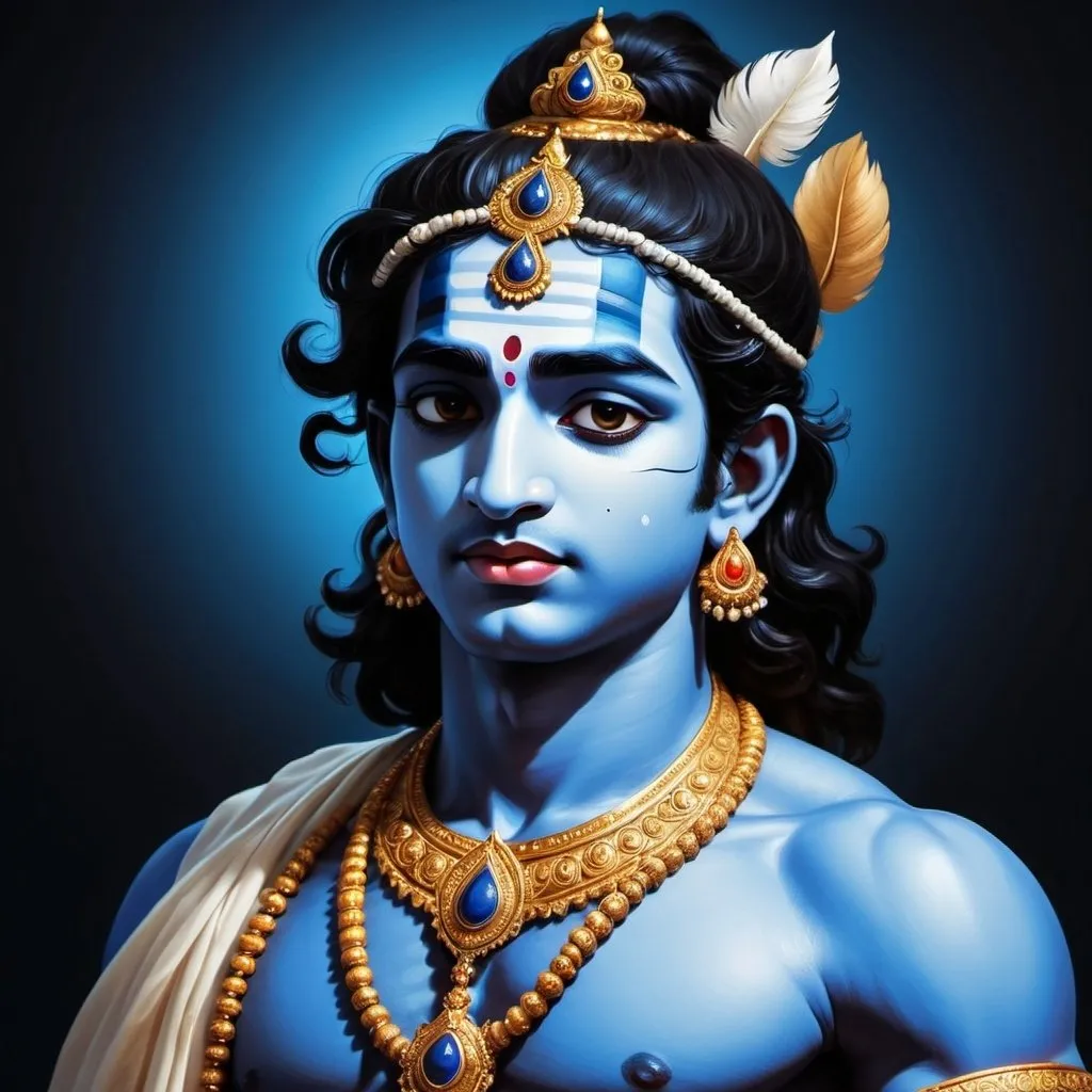 Prompt:  skin colour of Lord Krishna black , dark ,dark bluish or “the attractive .” His body complexion is black and somewhere it is shown as blue that refers to supreme cosmic power, hyper-realistic fantasy character art, illustration,