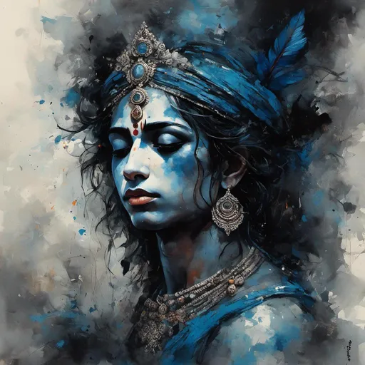 Prompt: Lord Krishna black , dark ,dark bluish portrait in Midjourney <mymodel> style, ...