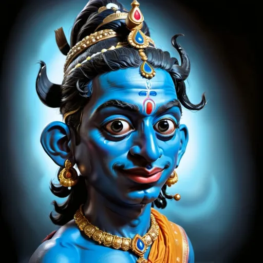 Prompt:   skin colour of Lord Krishna black , dark ,dark bluish or “the attractive .” His body complexion is black and somewhere it is shown as blue that refers to supreme cosmic power .      cartoon painted caricature of lord Krishna 