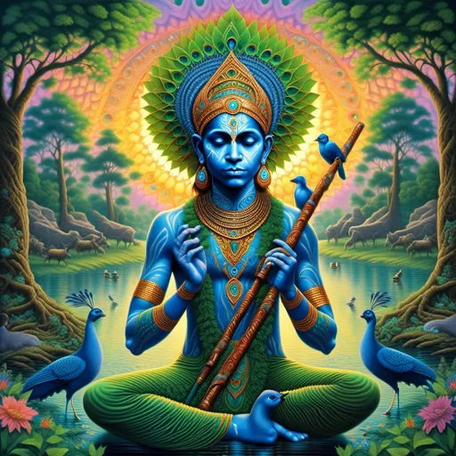 Prompt:  Illustrate Lord Krishna with dark bluish skin, standing by the river Yamuna at sunset, playing his flute. He is surrounded by peacocks, cows, and lush greenery, wearing a peacock feather crown and traditional attire, <mymodel> Synthetic Waveforms