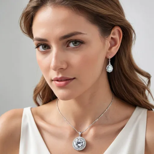 Prompt: a modern jewelry brand name linavita showing a gracious model wearing its pendant