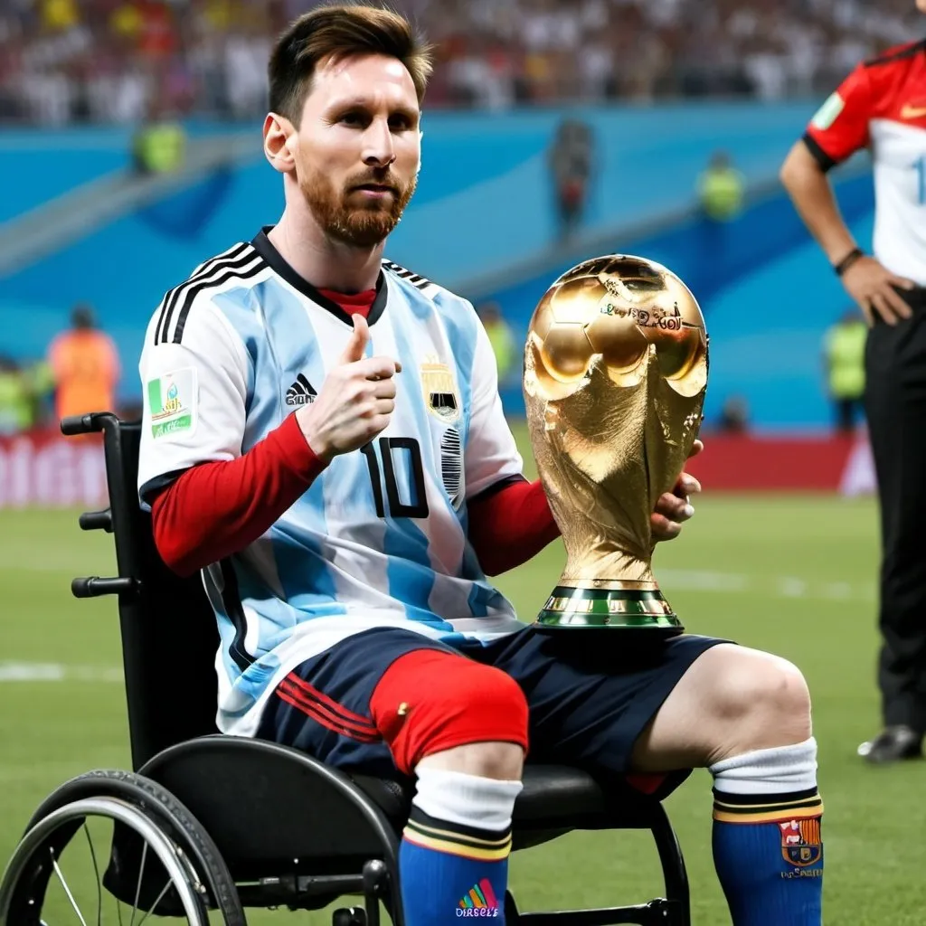 Prompt: crea una imagen de Messi sosteniendo la copa del mundo, con autismo sentado en una silla de ruedas y que se  vea muy feo