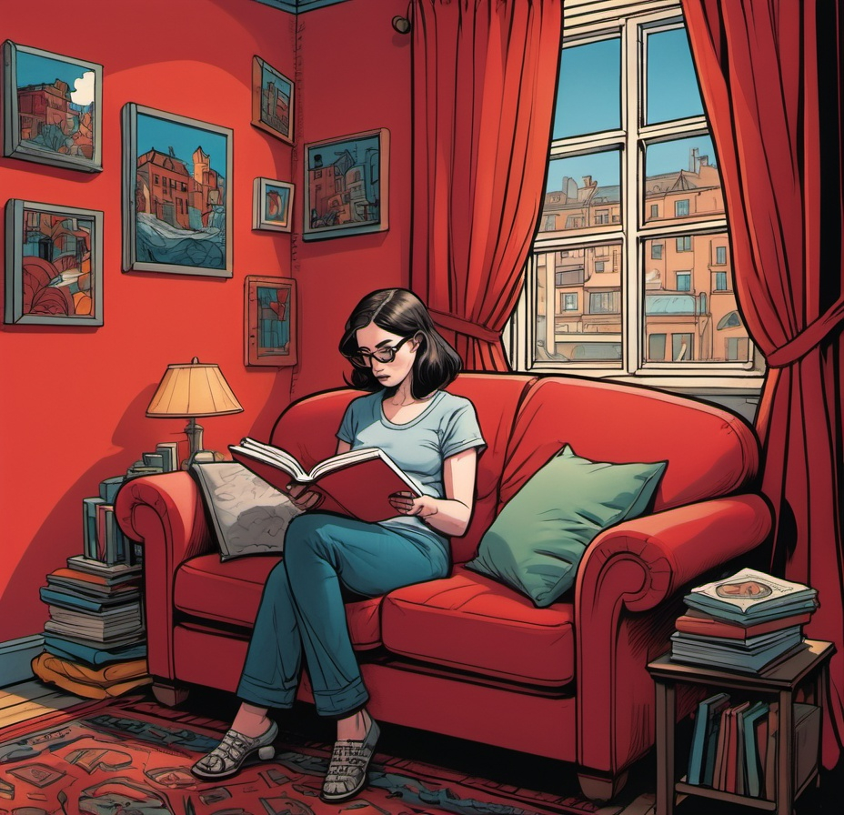 Prompt: a woman sitting on a couch reading a book with a red couch behind her and a window behind her, Art & Language, art & language, graphic novel, a stock photo