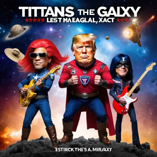 Prompt: Titans in the Galaxy (Let's Make America Great Again Remix)
Description: Experience the epic fusion of rock and politics with The Rock Alvin Band's rendition of "Titans in the Galaxy," featuring an electrifying cameo from former President Donald Trump declaring his mission to "Make America Great Again." Get ready for a cosmic journey like no other!




