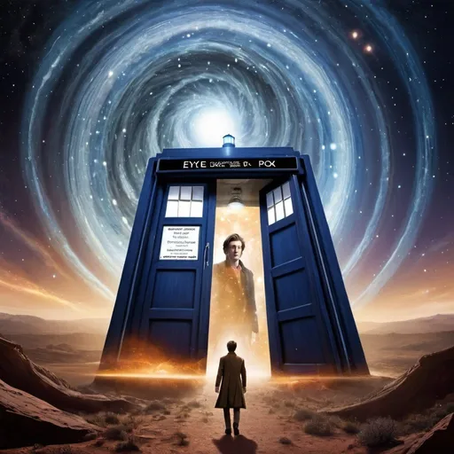 Prompt: Title: "Universe Called Home

The album cover features the TARDIS flying through a swirling wormhole, with stars and galaxies stretching into the distance. The TARDIS is illuminated by a soft, ethereal light, and the wormhole crackles with energy. The title "Universe Called Home" is displayed prominently in bold, futuristic font, with the artist's name "Eye Doctor Who" beneath it. It's a captivating image that perfectly captures the sense of adventure and exploration associated with Doctor Who.




