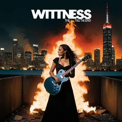 Prompt: Title: "Witness Till The End"

The album cover features a powerful image of a woman standing at the forefront, holding a guitar with flames bursting from its body, symbolizing her passion and energy. She's depicted against a backdrop of a gritty city skyline, with skyscrapers rising behind her, hinting at the urban landscape where her music resonates.

The band's name, "Witness," is emblazoned in bold, fiery letters across the top, while the album title, "Till The End," stretches across the bottom in a rugged, distressed font, adding to the rock aesthetic.