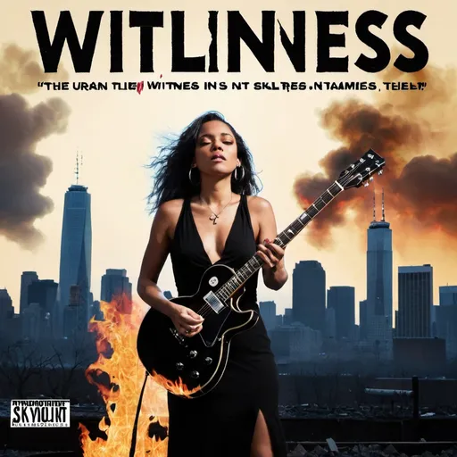 Prompt: Title: "Witness Till The End"

The album cover features a powerful image of a woman standing at the forefront, holding a guitar with flames bursting from its body, symbolizing her passion and energy. She's depicted against a backdrop of a gritty city skyline, with skyscrapers rising behind her, hinting at the urban landscape where her music resonates.

The band's name, "Witness," is emblazoned in bold, fiery letters across the top, while the album title, "Till The End," stretches across the bottom in a rugged, distressed font, adding to the rock aesthetic.