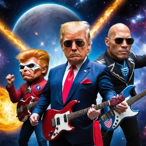 Prompt: Titans in the Galaxy (Make America Great Again Remix)
Description: Experience the epic fusion of rock and politics with The Rock Alvin Band's rendition of "Titans in the Galaxy," featuring an electrifying cameo from former President Donald Trump declaring his mission to "Make America Great Again." Get ready for a cosmic journey like no other!




