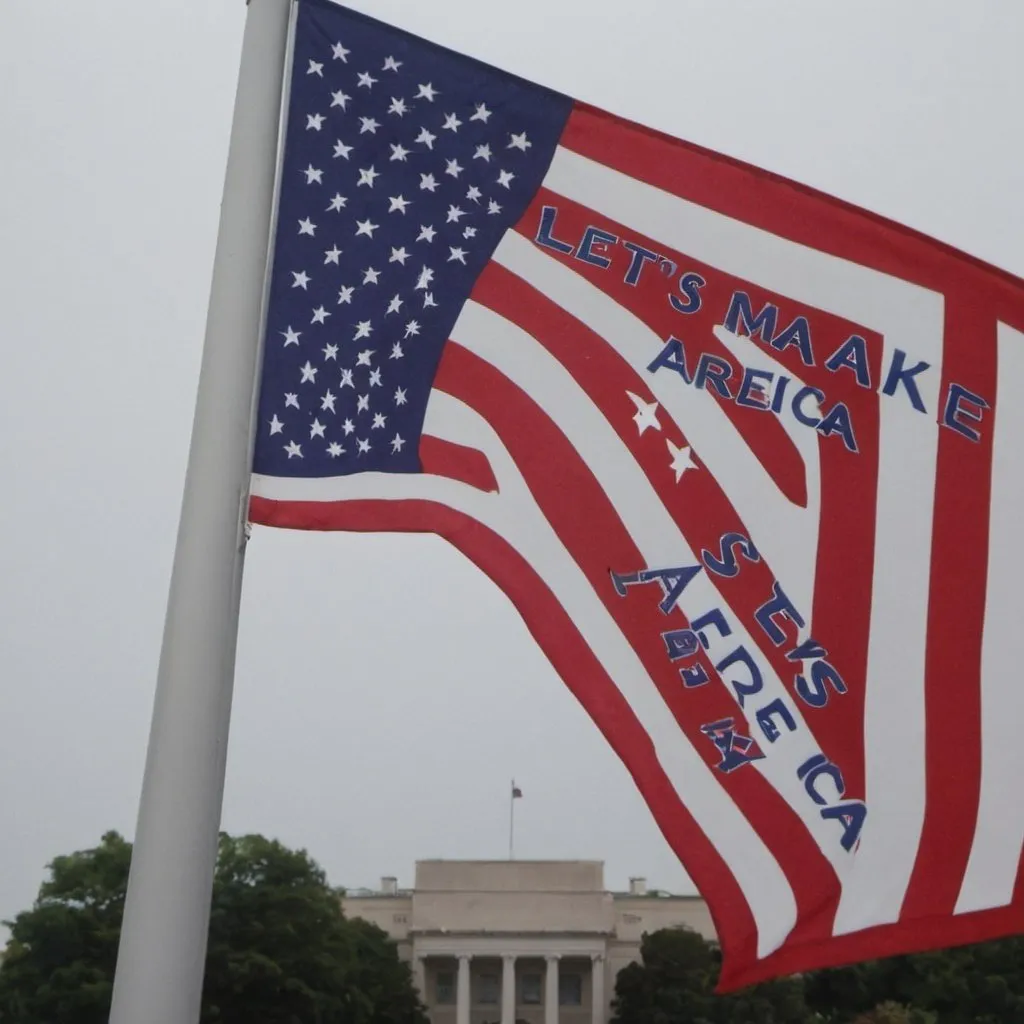 Prompt: American flag with a banner saying let's make America great again