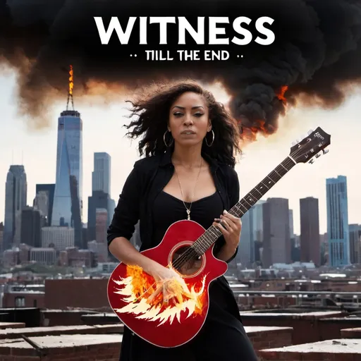 Prompt: Title: "Witness Till The End"

The album cover features a powerful image of a woman standing at the forefront, holding a guitar with flames bursting from its body, symbolizing her passion and energy. She's depicted against a backdrop of a gritty city skyline, with skyscrapers rising behind her, hinting at the urban landscape where her music resonates.

The band's name, "Witness," is emblazoned in bold, fiery letters across the top, while the album title, "Till The End," stretches across the bottom in a rugged, distressed font, adding to the rock aesthetic.