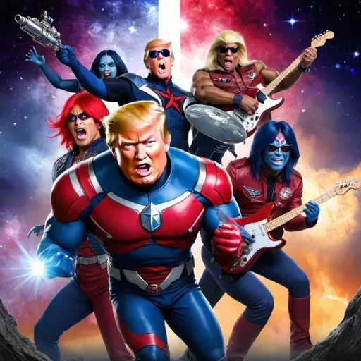 Prompt: Titans in the Galaxy (Let's Make America Great Again Remix)
Description: Experience the epic fusion of rock and politics with The Rock Alvin Band's rendition of "Titans in the Galaxy," featuring an electrifying cameo from former President Donald Trump declaring his mission to "Make America Great Again." Get ready for a cosmic journey like no other!




