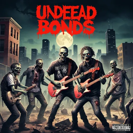 Prompt: Title: Undead Bonds

The album cover features a post-apocalyptic scene, with a darkened city skyline in the background, illuminated only by the eerie glow of a full moon. In the foreground, a band of zombies is depicted, each one playing a different instrument.

In the center, a zombie vocalist stands, microphone in hand, belting out lyrics with undead fervor. To their left, a zombie guitarist shreds on a guitar made from salvaged scrap metal, while on the right, a zombie drummer pounds away on a set of makeshift drums fashioned from overturned trash cans and car parts.

The atmosphere is both haunting and electrifying, capturing the essence of the album's theme of love and survival amidst the chaos of a zombie apocalypse. The title "Undead Bonds" is emblazoned across the top of the cover in bold, graffiti-style lettering, adding to the urban, hip-hop vibe.




