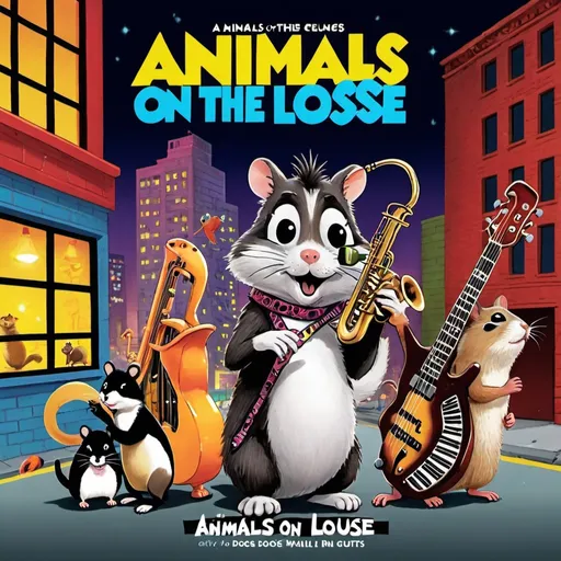 Prompt: Title: "Animals on the Loose"

The album cover features a colorful, whimsical scene set against a vibrant city backdrop. In the foreground, a band of anthropomorphic animals - a cat, a dog, a mouse, a hamster, a raccoon, and a gerbil - are depicted rocking out together on a makeshift stage.

The cat, with a cool demeanor and a guitar slung over its shoulder, takes center stage, while the other animals play various instruments around it. The dog energetically pounds away on the drums, the mouse strums a bass guitar, the hamster jams on the keyboard, the raccoon wails on a saxophone, and the gerbil blows into a trumpet.

The animals are surrounded by swirling neon lights and music notes, creating a lively and dynamic atmosphere. In the background, skyscrapers and city lights twinkle, adding to the excitement of the scene.

The band's name, "Animals on the Loose," is spelled out in bold, playful lettering across the top of the cover, while the album title, "Animals on the Loose," is written in a fun, graffiti-style font across the bottom, tying the theme together.

Overall, the album cover exudes a sense of fun, energy, and camaraderie, promising a pop rock experience that's both entertaining and memorable.