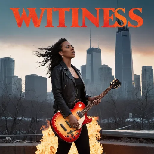 Prompt: Title: "Witness Till The End"

The album cover features a powerful image of a woman standing at the forefront, holding a guitar with flames bursting from its body, symbolizing her passion and energy. She's depicted against a backdrop of a gritty city skyline, with skyscrapers rising behind her, hinting at the urban landscape where her music resonates.

The band's name, "Witness," is emblazoned in bold, fiery letters across the top, while the album title, "Till The End," stretches across the bottom in a rugged, distressed font, adding to the rock aesthetic.