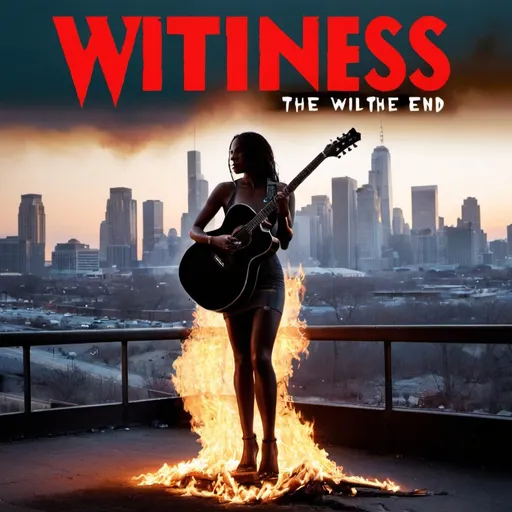 Prompt: Title: "Witness Till The End"

The album cover features a powerful image of a woman standing at the forefront, holding a guitar with flames bursting from its body, symbolizing her passion and energy. She's depicted against a backdrop of a gritty city skyline, with skyscrapers rising behind her, hinting at the urban landscape where her music resonates.

The band's name, "Witness," is emblazoned in bold, fiery letters across the top, while the album title, "Till The End," stretches across the bottom in a rugged, distressed font, adding to the rock aesthetic.