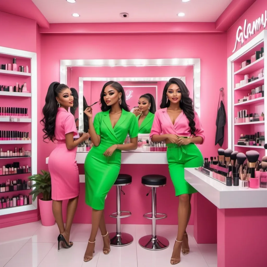 Prompt: A set of girls in a shop of make up artist wearing pink and green clothes and having their boss on green and JGLAM-ARTISTRY was written of the clothes and the office in a well furnished makeup artist shop