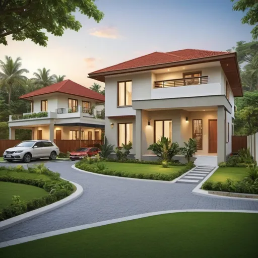 Prompt: 100ft by 164ft land, 3-bed dwelling with 3-car parking, palava hut, carpet grass, paved paths, thoughtful layout, residential harmony, recreational balance, high quality, detailed, spacious, warm tones, professional, detailed landscape design, residential, recreational, natural lighting