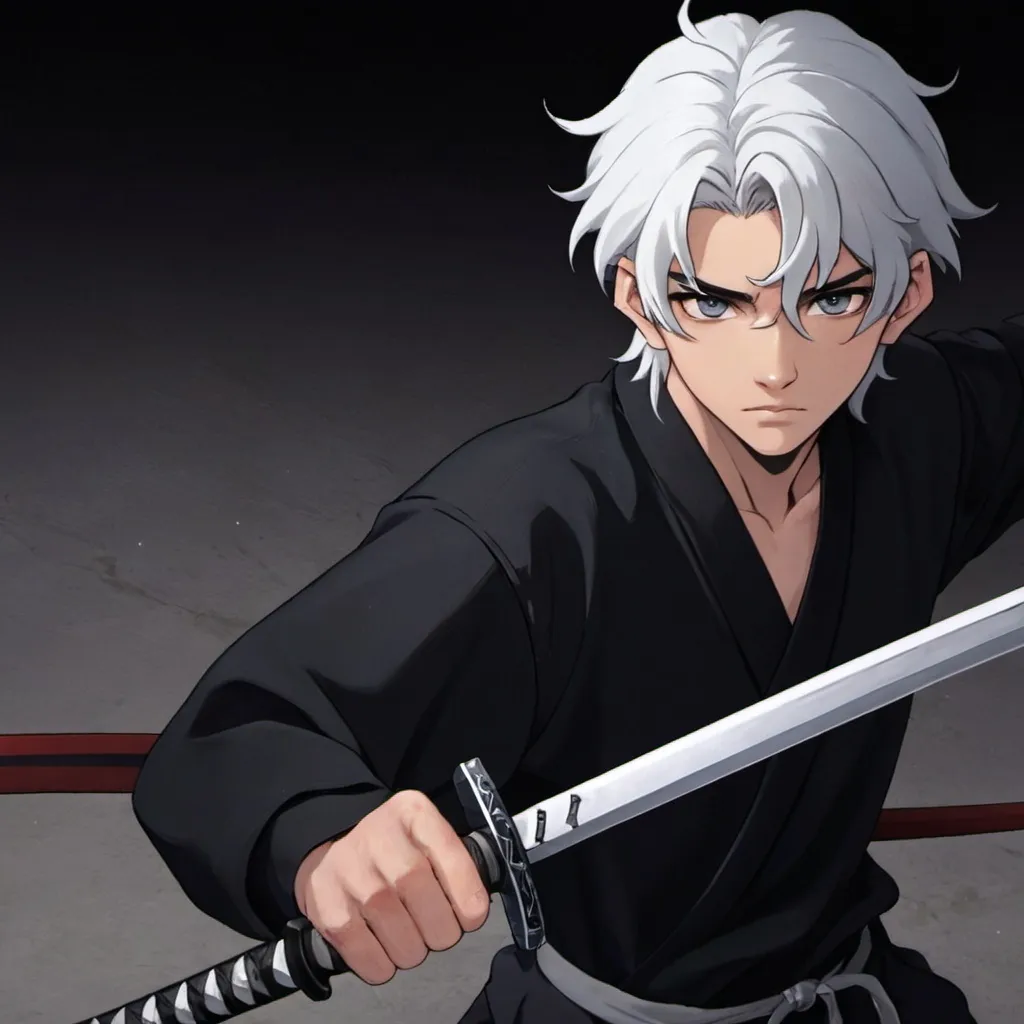 Prompt: A handsome 17 year old with gray eyes and white hair holding two katanas