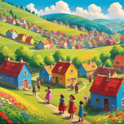 Prompt: A Colorful Village
- Background: A picturesque village with brightly colored houses (reds, yellows, blues) set against rolling green hills. 
- Foreground: Villagers going about their day—some chatting, others tending to gardens. 
- Main Character: Mia, a young girl with a bright smile, wearing a colorful dress, playing in a flower-filled meadow.