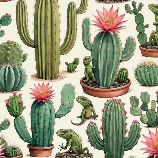 Prompt: repeating image of cactus and lizards gender neutral
