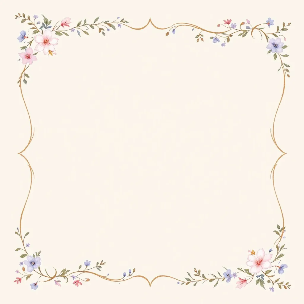 Prompt: whimsical border design, enchanting floral arrangement, light pink and pastel colors, gentle hints of light purple and blue flowers, elegant framing, soft and neutral center tone, dreamy and ethereal ambiance, balancing playful elegance, high-quality artistry, ultra-detailed, atmospheric background, perfect for invitations or decor, charming and delicate visual appeal.