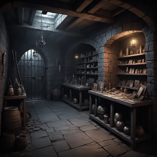 Prompt: make me a eerie and gloomy background for a shop (cards) set in a dungeon with a creepy atmosphere