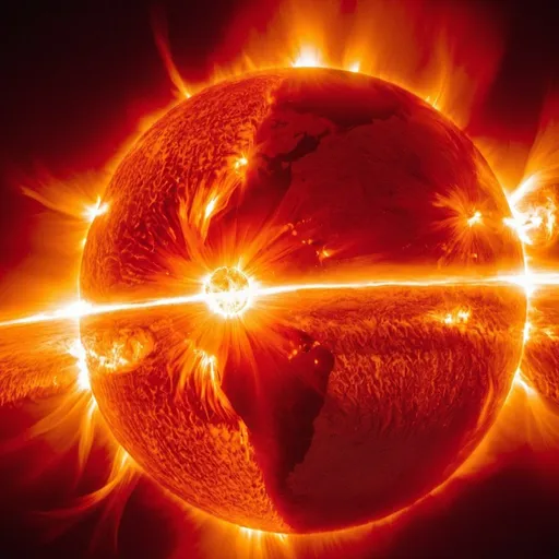 Prompt: massive solar flare shooting from the sun to the earth, the earth exploding from the impact of the solar flare
