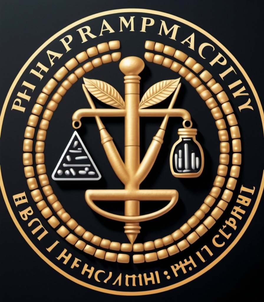 Prompt: Logo of pharmacy 
with Babylonian cuneiform language in bottom 
, with Stick of Hermes in middle 
, all of this surrounding by mortar .. 
add some tablets and capsules in middle 
Make it as logo with gold and silver color
With black screen and background and make it creatively 

