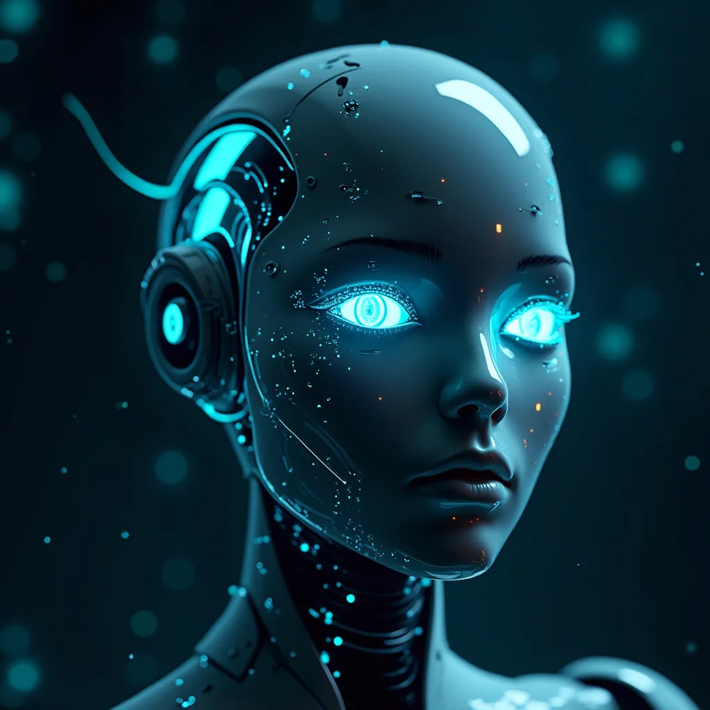 Prompt: A sleek, futuristic AI with a glowing, cybernetic face made of holographic lines and smooth metallic textures. The eyes emit a soft neon blue glow, exuding intelligence and curiosity. The background is a dark, high-tech digital space with floating data streams and subtle circuit patterns, giving a mysterious yet knowledgeable vibe."
