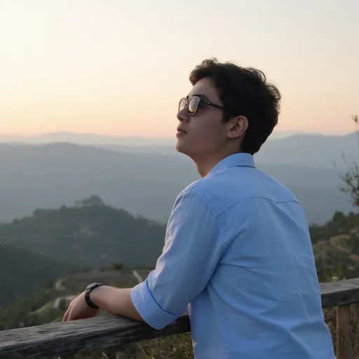 Prompt: Leaning against a wooden railing, a young man gazes thoughtfully into the distance, captured in the soft, warm hues of a setting sun. Dressed in a light blue shirt, he wears dark sunglasses that reflect both his contemplative mood and the breathtaking landscape around him. The scene unfolds in an elevated outdoor setting, revealing terraced fields stretching into the horizon under a gently fading sky, where shades of orange and pink blend seamlessly with the fading daylight. The tranquil atmosphere, marked by the silhouette of distant hills, invites a sense of peace and introspection, as the young man enjoys a serene moment amid nature's beauty.