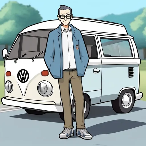 Prompt: Illustration of a 50 year old English teacher from New Zealand. He is slim, with very short dark hair, and glasses.
Style of Pokemon anime.
He has a VW camper van that is light blue with some flame decals on.