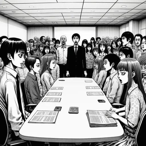 Prompt: Junji Ito manga style, conference room full of people giving advice to one person standing at the front ,manga scene
