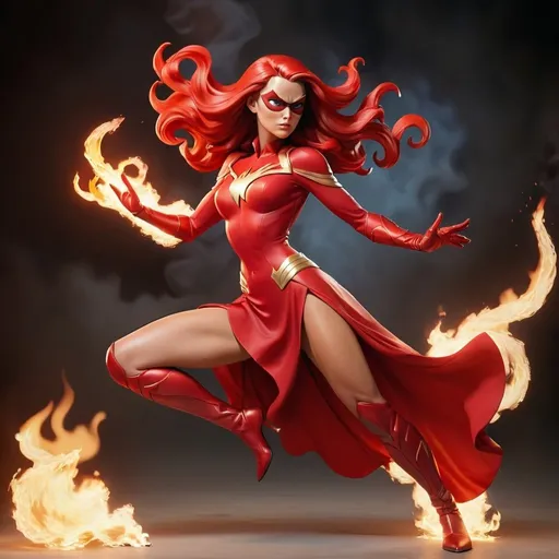 Prompt: woman superhero dressed in red dress, flames for hair, in action pose