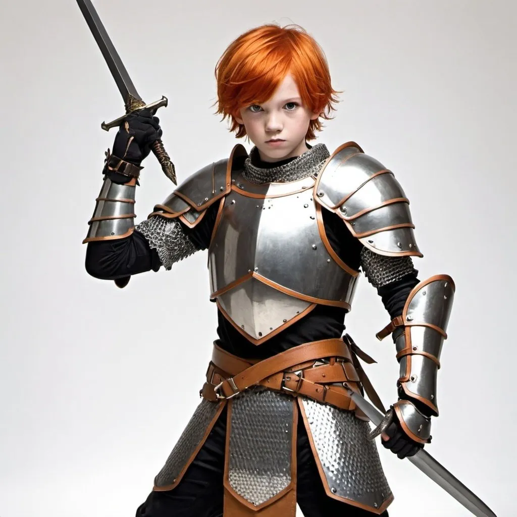 Prompt: orange hair, orange eyes, short hair, straight hair, 1boy, full body, body armor, chainmail between spaces, holding sword, holding shield, longsword on back, neat hands, white background, young adult