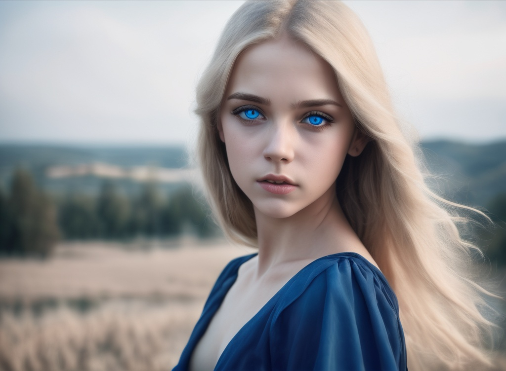 Prompt: A beautiful girl with blonde hair and blue expressive eyes.
He wear a blue dress and it s smowing