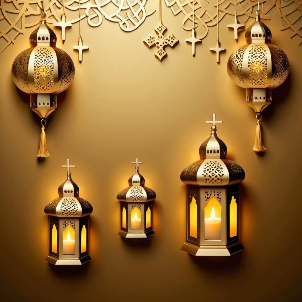 Prompt: create a golden wallpapers for Ramadan lanterns  more than one with Christian jesus crosses, with ramadan karem and ramadan theme