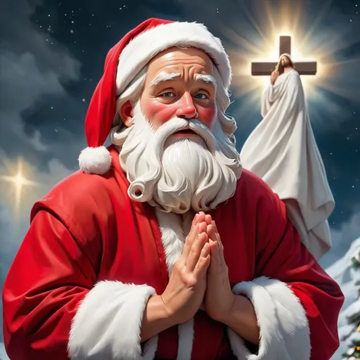 Prompt: santa pray to Jesus