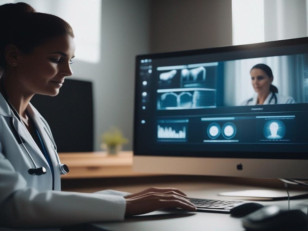 Prompt: A female doctor working at her computer