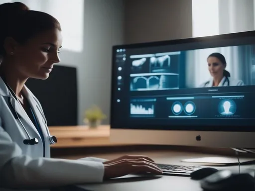 Prompt: A female doctor working at her computer