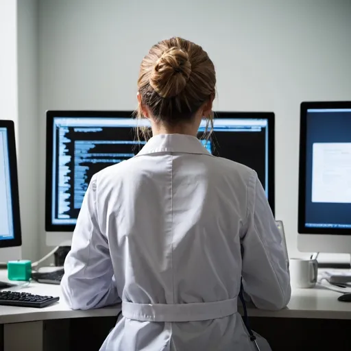 Prompt: View from behind of a female doctor working at her computer.